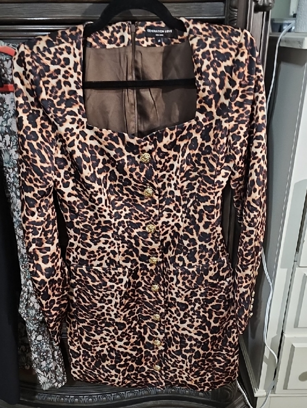 Generation Love Leopard-Print Long Sleeve Button Dress - Brown/Black NWOT